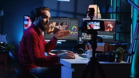 Videography content creator recording tutorial using professional camera Foto stock