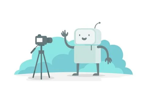 Videoobloger robot character in front of the camera. Stream shows on video Stock Illustration