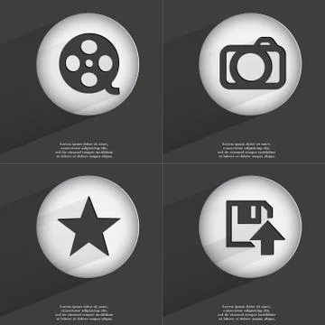 Videotape, Camera, Star, Floppy disk upload icon sign. Set of buttons with a fla 스톡 일러스트