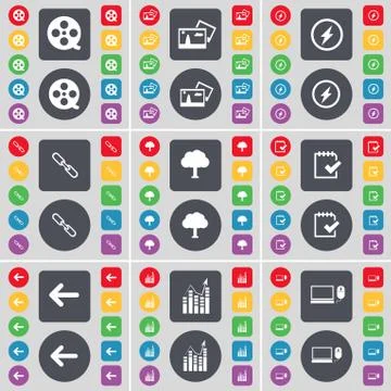 Videotape, Picture, Flash, Link, Tree, Survey, Arrow left, Graph, Laptop icon sy Stock Illustration