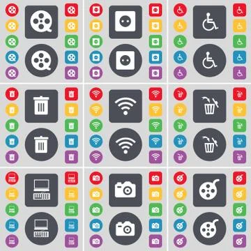Videotape, Socket, Disabled person, Trash can, Wi-Fi, Laptop, Ca icon symbol. A Stock-Illustration