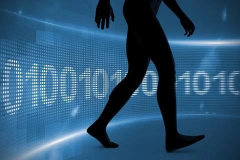 Vie of a black character against binary code on digital screen 스톡 일러스트