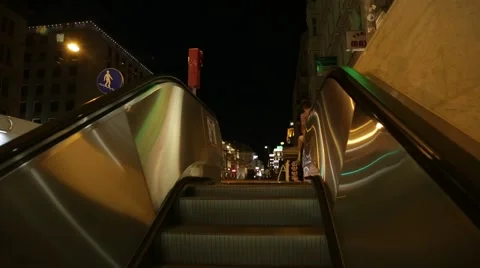 VIENA CIRCA 2014: Exit from the subway to the city street by escalator. POV Stock Footage 43041346