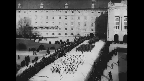 VIENNA - 1916 - Troops and honor guards march during the funeral procession of Stock Footage 312792312