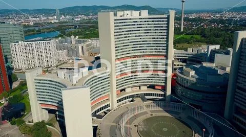 VIENNA, AUSTRIA - JULY 31, 2017. Aerial shot of United Nations buildings Stock Photos