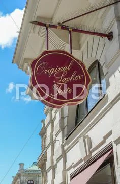 VIENNA, AUSTRIA - JUNE 01, 2016: Sachertorte logo. Sacher cake is a specific Stock Photos