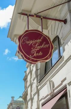 VIENNA, AUSTRIA - JUNE 01, 2016: Sachertorte logo. Sacher cake is a specific Stock Photos