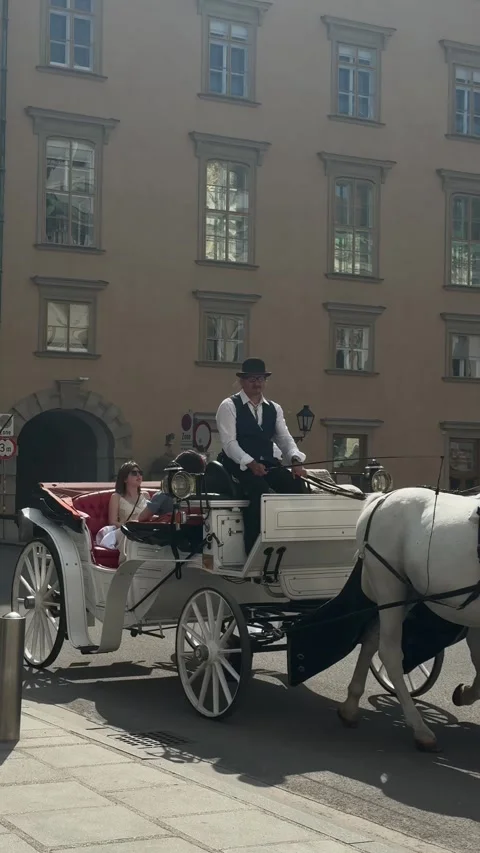 Vienna, Austria - June 3, 2026 - white fiaker carriage with two elegant horse, 스톡 동영상 337363056