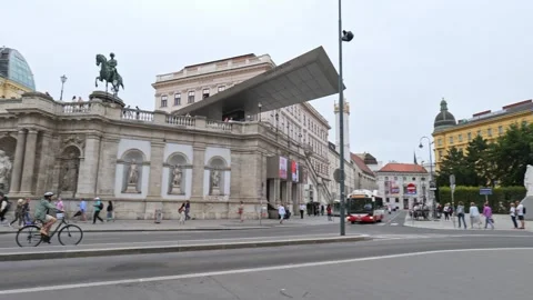 Vienna, Austria. Panoramic view of Helmut Zilk Square with the Albertina Museum. Stock Footage 273168343