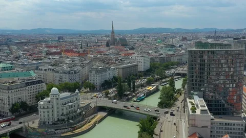 Vienna center canal river beach traffic bridge aerial panorama 4k austria Stock Footage