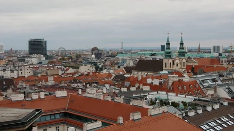 Vienna panoramic view to red roofs from Stephan cathedral tower Stock Footage 94143249