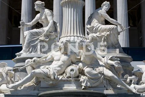 Vienna Parliament Fountain Statue Medium Telephoto Lens Used Daylight White Stock Photos