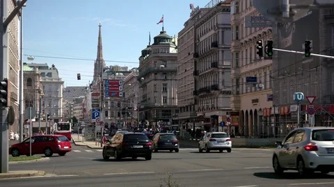 Vienna road alignment with Stephansdom in the background II – long lens Stock Footage 74377080