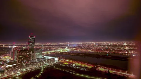 Vienna skyline business ariel view night time lapse, beautiful city lights. Stock Footage