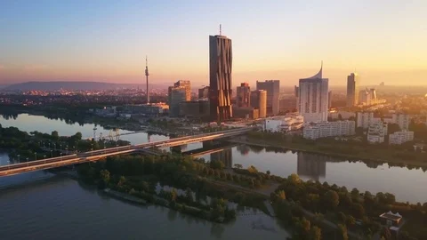 Vienna skyscrapers aerial view at sunrise Stock Footage