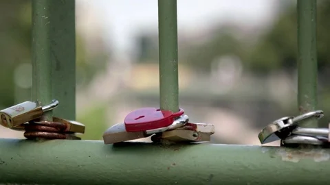 Vienna Stadtpark padlocks on bridge - sharpness relocation Stock Footage 74377561