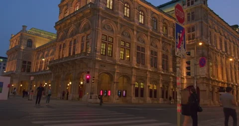 Vienna state opera house lighting during night time, Austria, Europe - 4K Stock Footage 288632099
