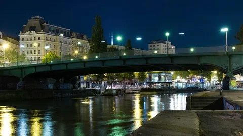 Vienna time lapse bridge at night Stock Footage 88903903