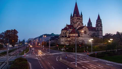 Vienna Timelapse: Evening Traffic and Historic Church in Autumn Stock Footage 241170699