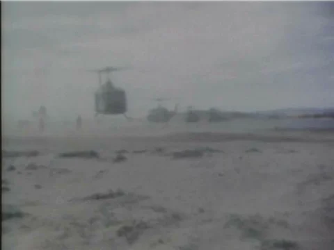 Viet Cong posts are taken out by American helicopters before Vietnamese soldiers 스톡 동영상 75008503