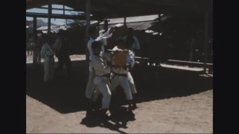 VIETNAM - 1968: Board Breaking - Jumping Kick Splits a Held Board Video stock 344004977