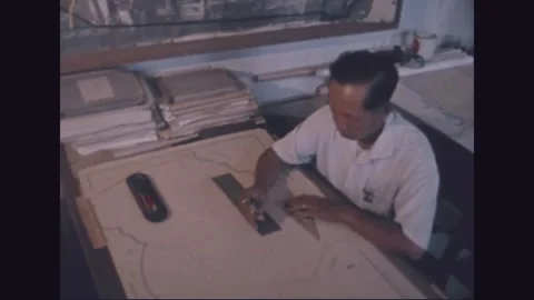 VIETNAM - 1971: Land plan drafting - rule and dividers cross a large plan Vidéo 343937684