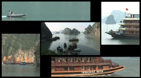 Vietnam boats, split screen Stock Footage 354322