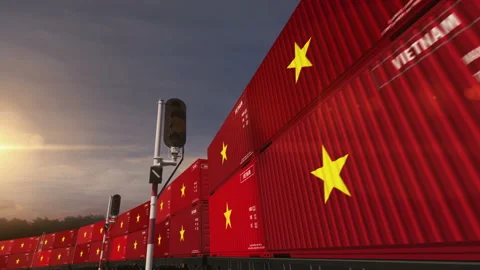 Vietnam export containers on cargo train wagons loop Stock Footage 311799447