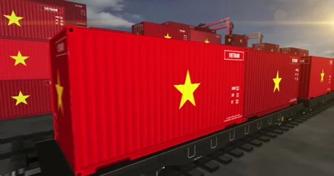 Vietnam export containers on cargo train wagons loop Stock Footage 311799616