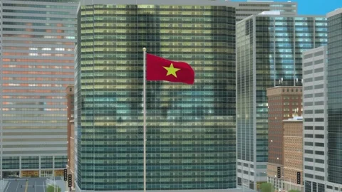 Vietnam Flag 3D Render Animation on Pole with Modern Business District Build Video stock 332877818