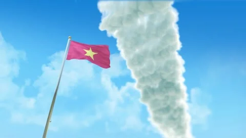 Vietnam Flag 3D Render Animation on Pole with Fighter Jets Smoke Trails in B Video stock 333243897