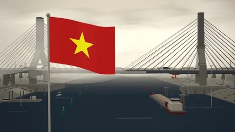 Vietnam Flag Flying Over Cable Stayed Bridge River seamless loop Stock Footage 345373239