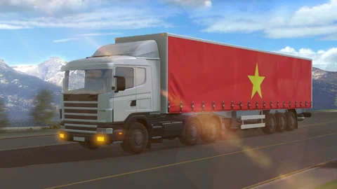 Vietnam flag shown on the side of a large truck Stock Footage 122107092
