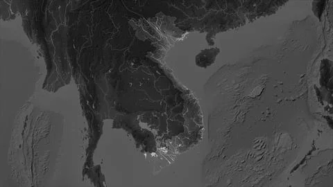 Vietnam highlighted on a Grayscale elevation map with lakes and rivers Stock Illustration