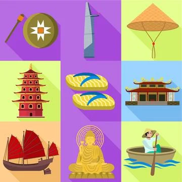 Vietnam icon set, flat style Stock Illustration