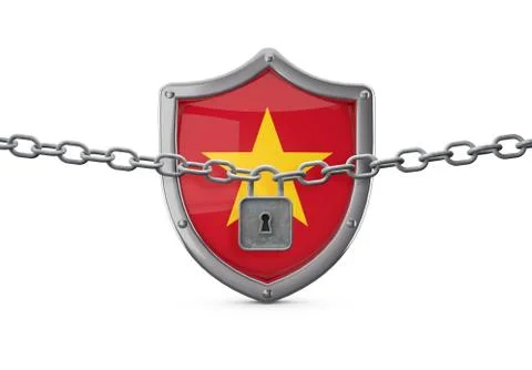 Vietnam lockdown concept. Shield with lock and chain. 3D Render Stock Illustration