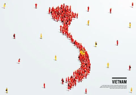 Vietnam Map and Flag. A large group of people in the Vietnam flag color. Stock Illustration
