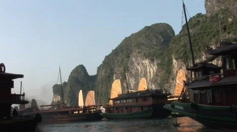 Vietnam, rowboat & sailboats Stock Footage