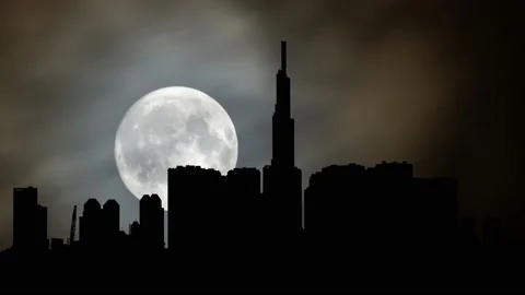 Vietnamese Cityscape by Night, Time Lapse with Full Moon, Saigon, Vietnam Stock Footage 220097633