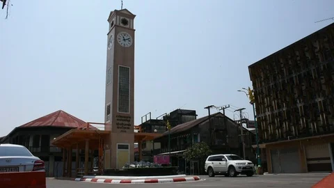 Vietnamese Clock Tower roundabout at Mekong riverside in Nakhon Phanom, Thaiand Stock Footage 122302521