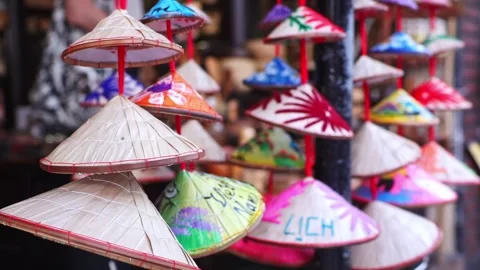 Vietnamese conical hat souvenir hanging decoration closeup Stock Footage 331600822