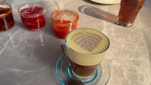 Vietnamese Egg Coffee and Iced Tea on Table Close Up And 3 chilli spice Stock Footage 341852249