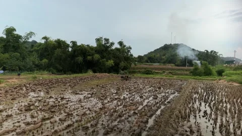 Vietnamese-farmer-plowing-field-with-tractor Stock Footage 340238653
