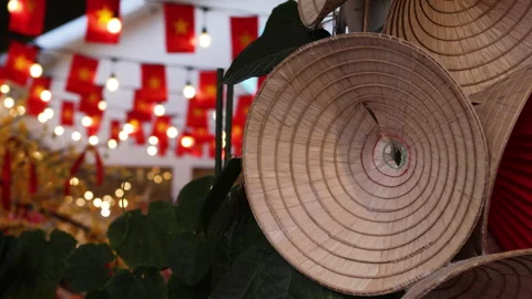 Vietnamese hat on background of lights. Stock Footage 303367627