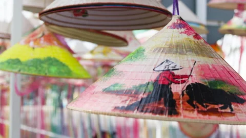 Vietnamese hat with colourful design. Video stock 303370651