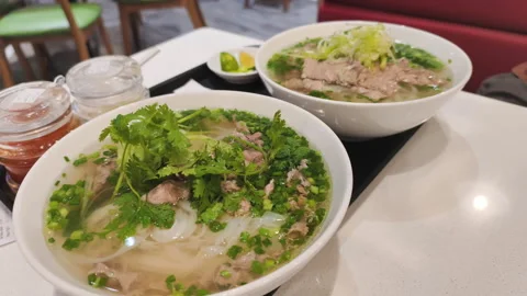 Vietnamese Pho Bo with beef is good for health. Nutrition Vietnamese Pho Bo has Stock Footage 325422054