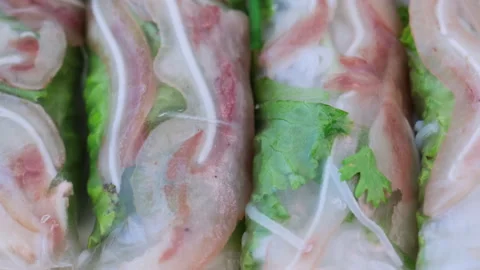 Vietnamese pork spring rolls close up view Stock Footage 337360237