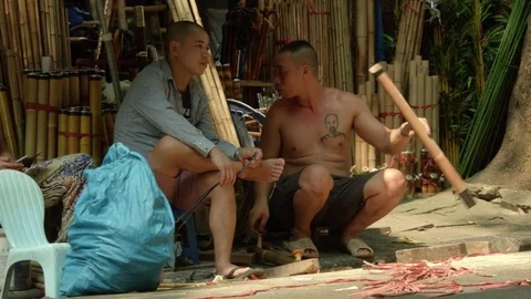 Vietnamese preparing cutting bamboo Stock Footage 71188510