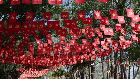 Vietnamese socialist flags hanging in a forest canopy. Stock Footage 276895393