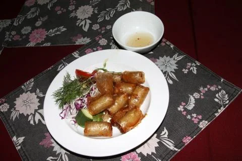 Vietnamese spring rolls (Cha Gio) with a sliced cucumber, greenery and sauc.. Stock Photos